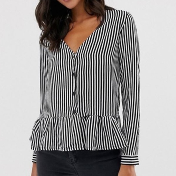 Boohoo Tops - Boohoo Black & White Striped Frill Hem Blouse